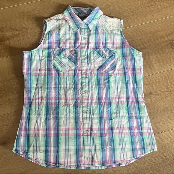 Wrangler Tops - Wrangler Wrancher Women Medium Sleeveless Pearl Snap Shirt Plaid Western Country